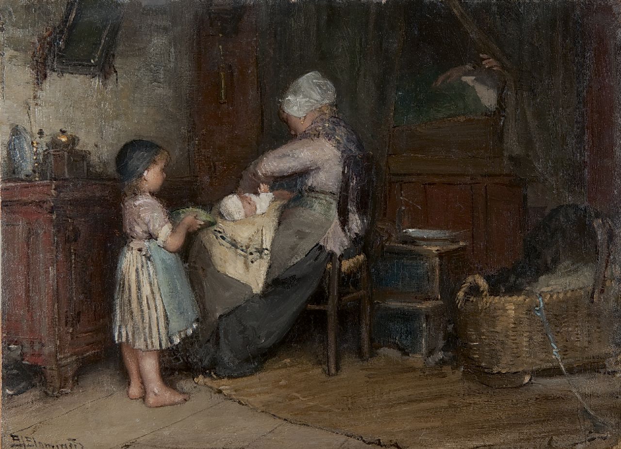 Blommers B.J.  | Bernardus Johannes 'Bernard' Blommers, Helping mother, Öl auf Holz 23,6 x 32,0 cm, Unterzeichnet l.u. und zu datieren ca. 1875