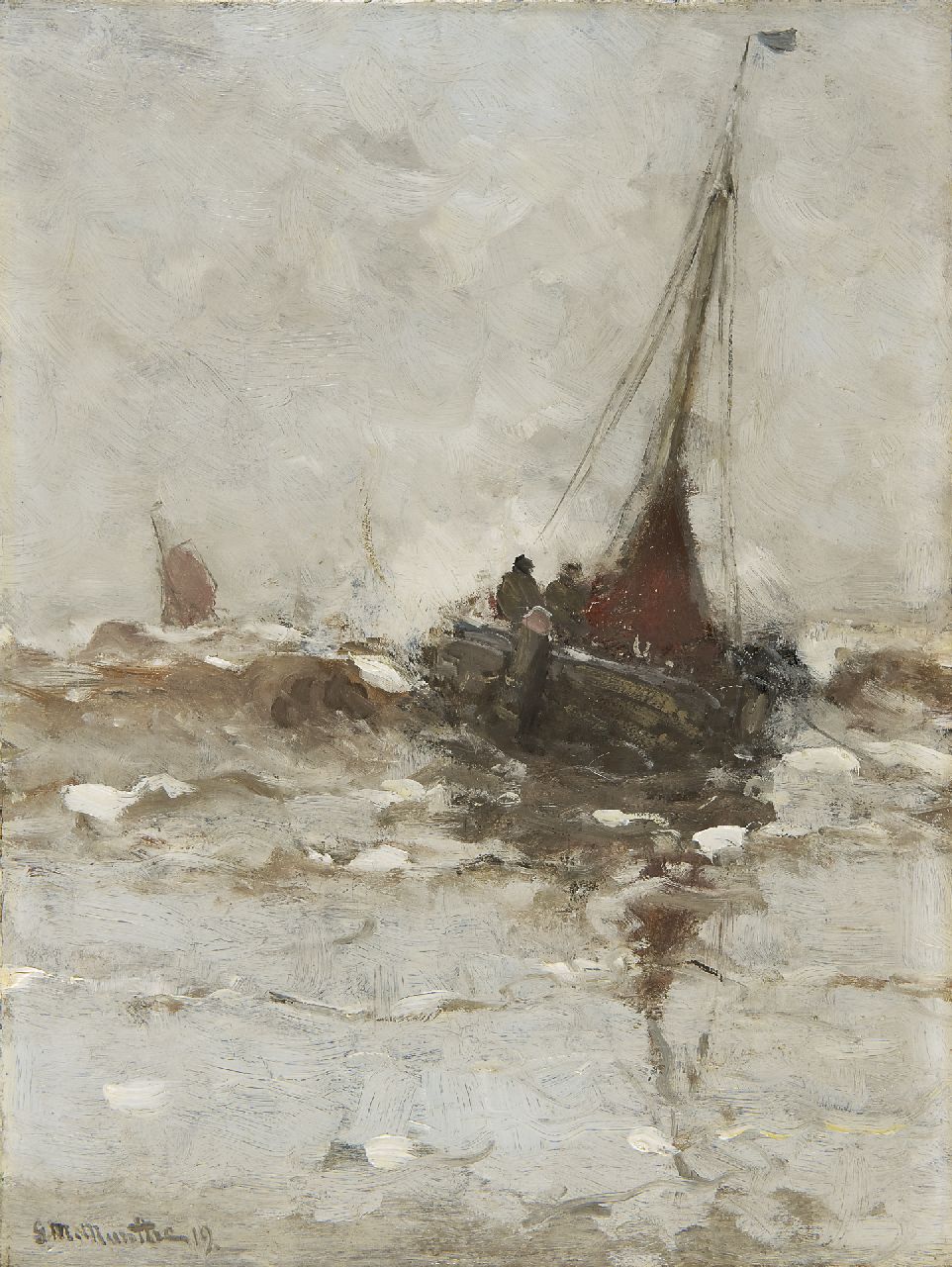 Munthe G.A.L.  | Gerhard Arij Ludwig 'Morgenstjerne' Munthe, A fishing boat in the surf, Öl auf Leinwand 40,3 x 30,2 cm, signed l.l. und dated '19
