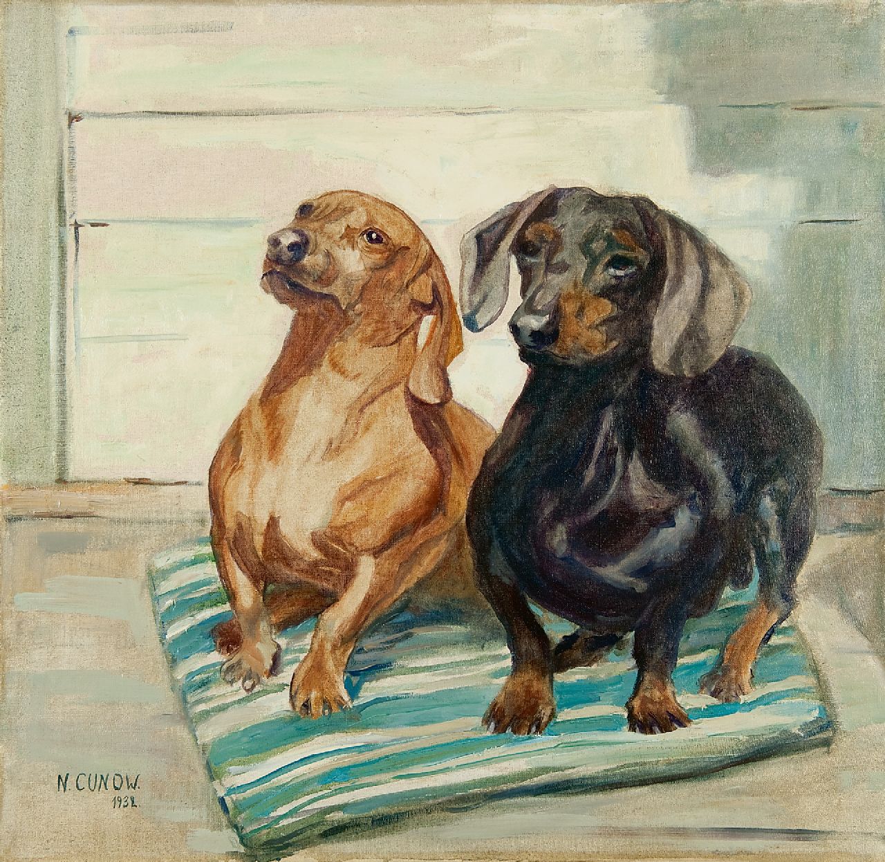 Cunow-Detjen N.  | Nelly Cunow-Detjen | Gemälde zum Verkauf angeboten | Kurzhaardackelpaar, Öl auf Leinwand 54,0 x 56,5 cm, Unterzeichnet l.u. und datiert 1932