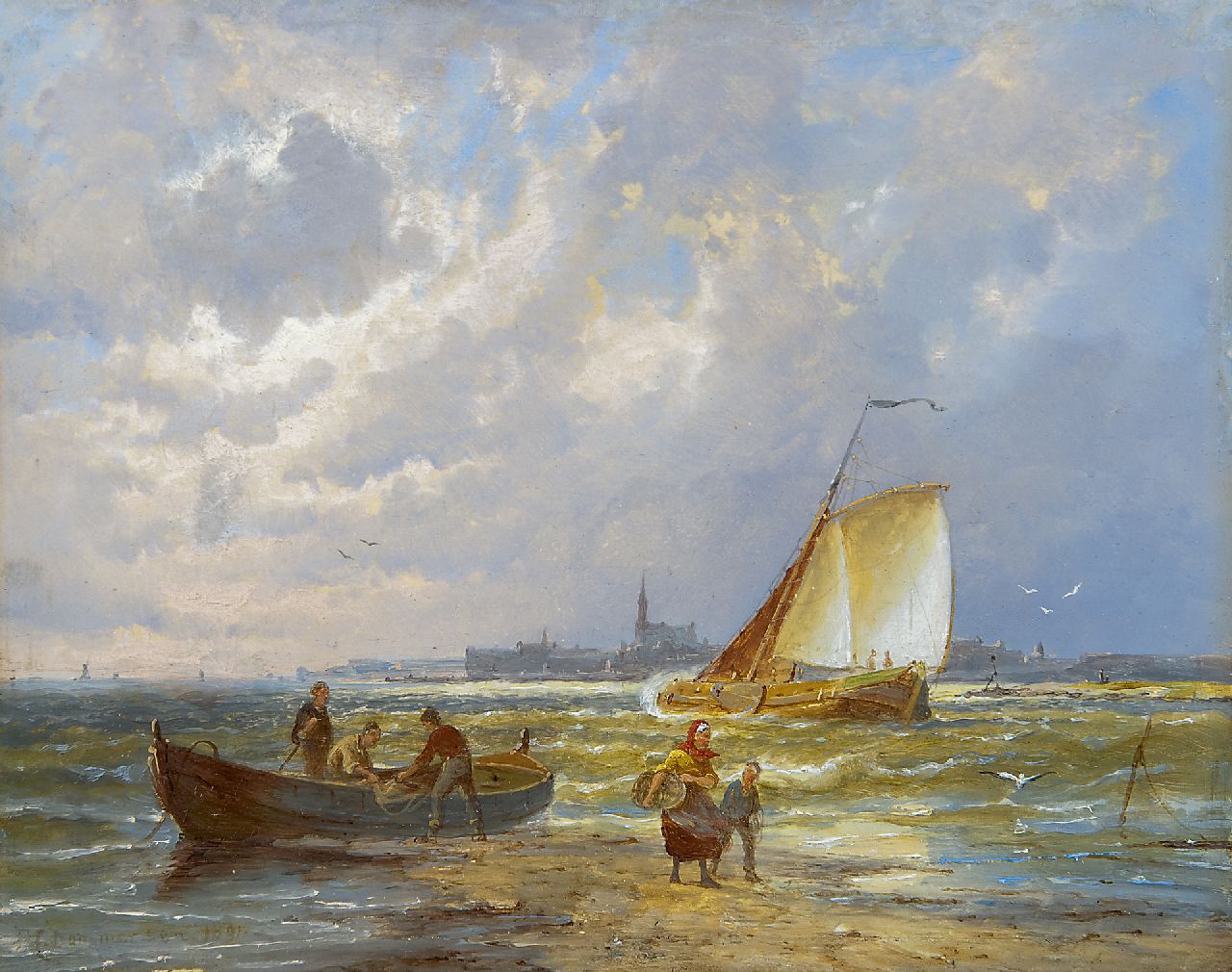 Dommershuijzen P.C.  | Pieter Cornelis Dommershuijzen, Fishermen by a river, possibly near Kampen, Öl auf Holz 20,2 x 25,3 cm, signed l.l. und dated 1891