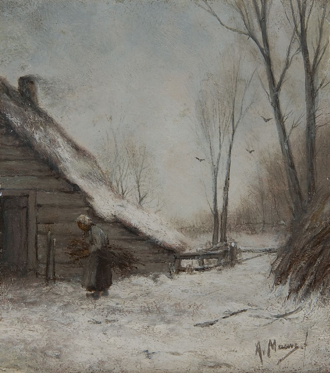 Mauve A.  | Anthonij 'Anton' Mauve, A winter landscape with a farmer's wife, Öl auf Holz 22,0 x 19,9 cm, signed l.r.