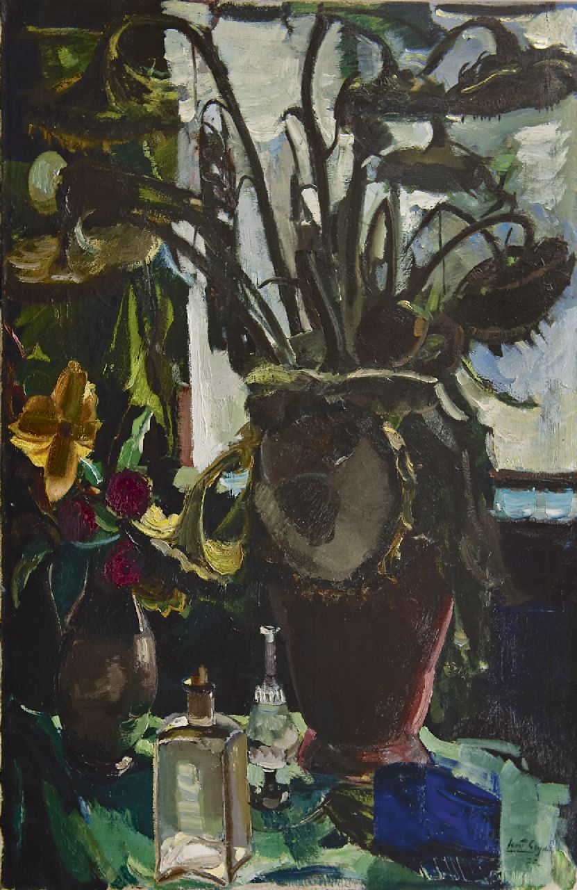 Leyden O.M.E.  | Oskar Moritz 'Ernst' Leyden, Sunflowers at a window, Öl auf Leinwand 143,9 x 94,9 cm, signed l.r. und dated '22