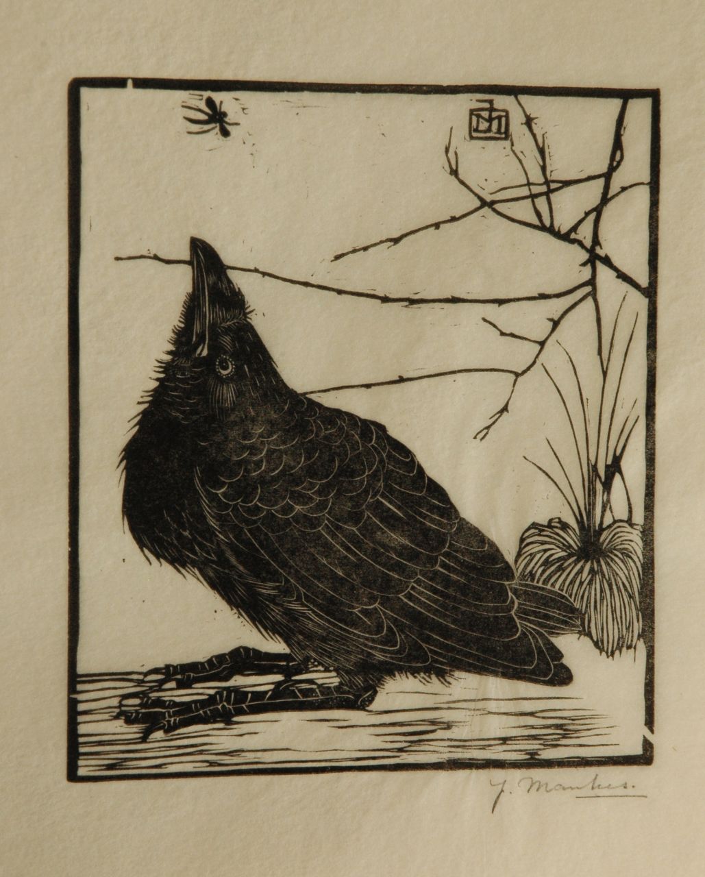 Mankes J.  | Jan Mankes, A crow watching a mosquito, Holzstich auf japanischem Papier 11,8 x 10,2 cm, signed w mon in the block and l.r. in full (in pencil und executed in 1918
