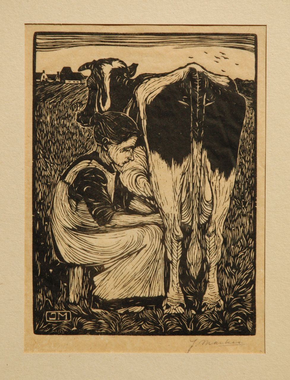 Mankes J.  | Jan Mankes, Milking a cow, Holzstich auf Papier 19,2 x 14,2 cm, signed with mon in the block and l.r. in full (in pencil) und executed in 1914