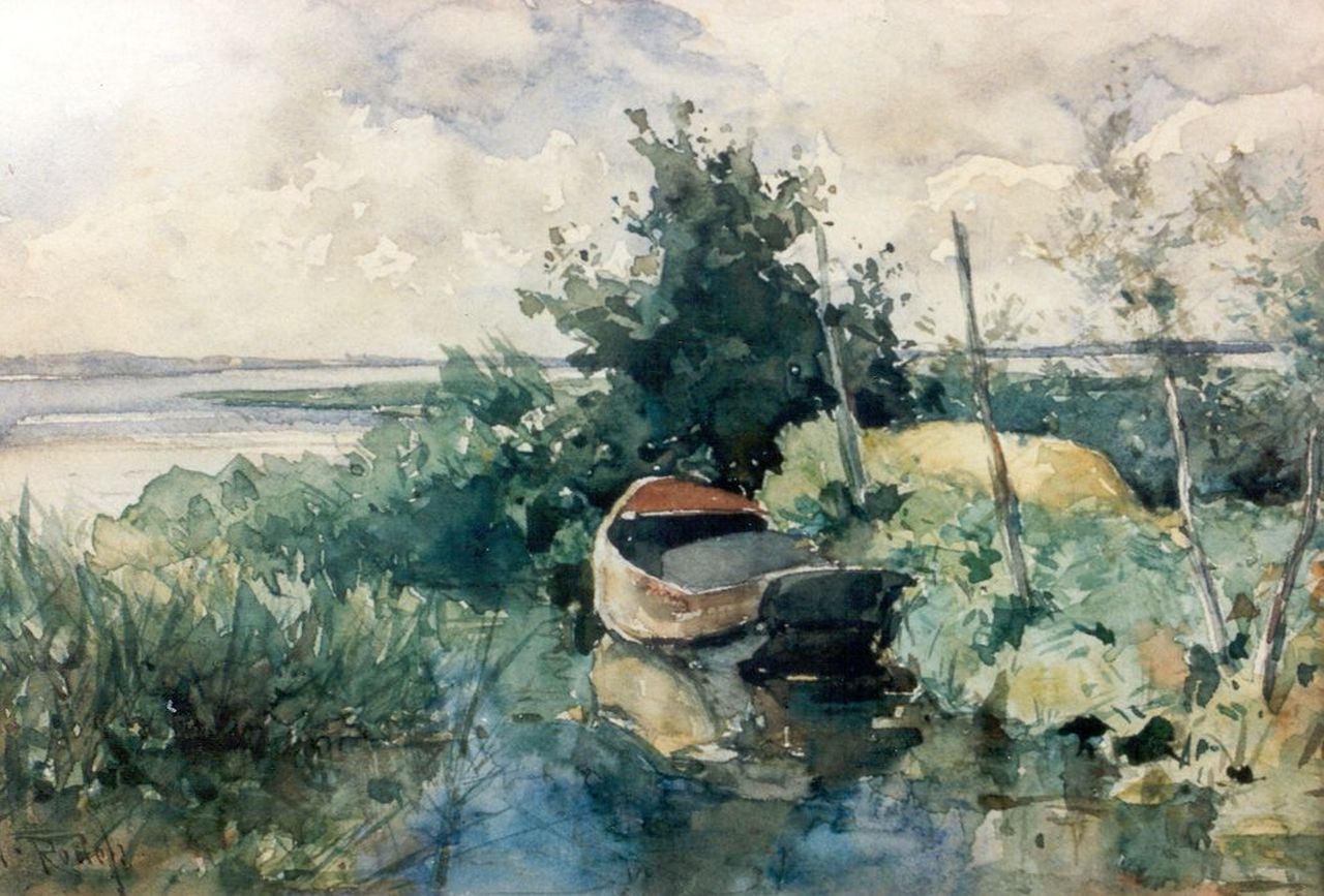 Roelofs W.  | Willem Roelofs, A moored flatboat, Aquarell auf Papier 16,0 x 23,0 cm, signed l.l.