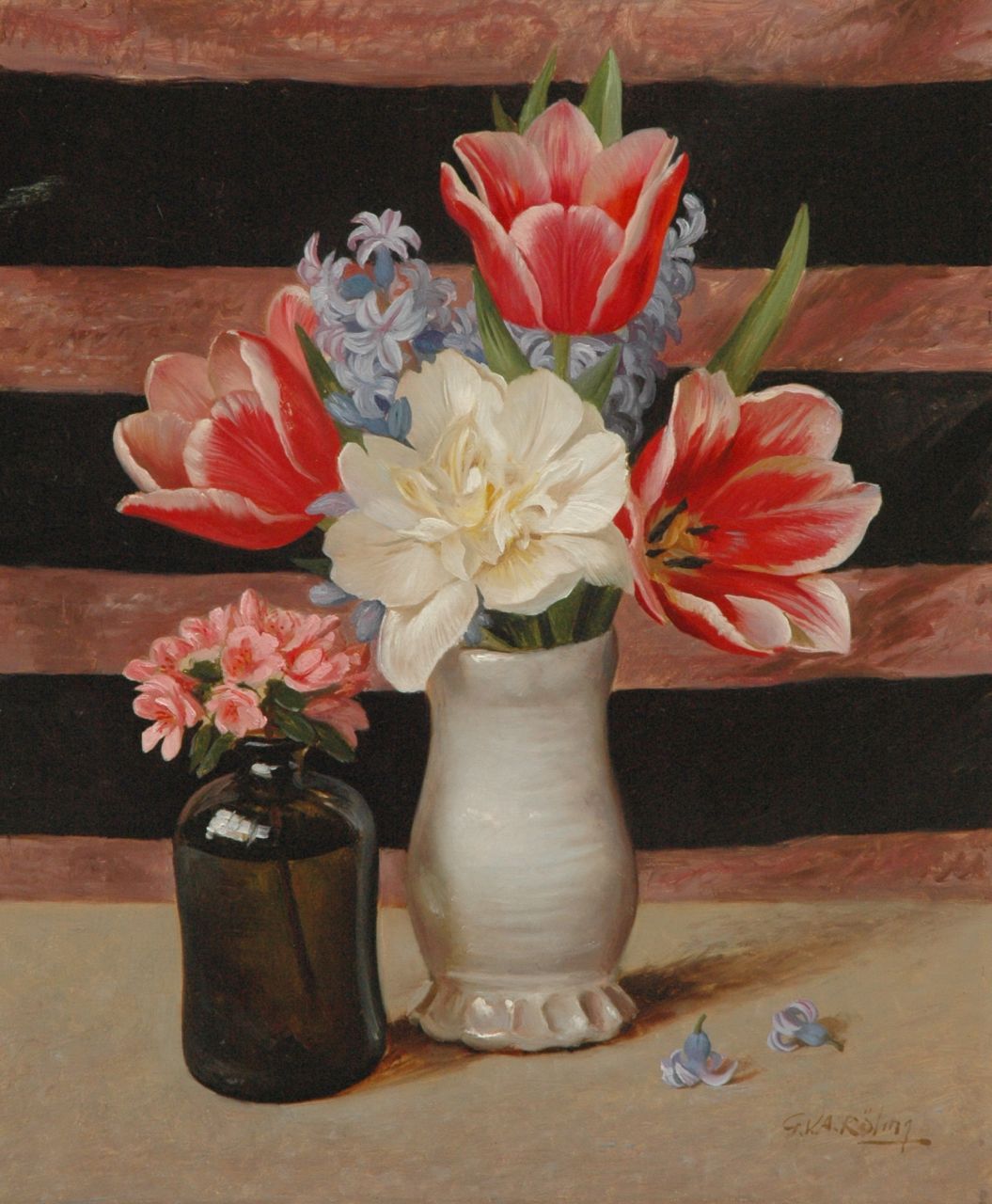 Röling G.V.A.  | Gerard Victor Alphons 'Gé' Röling, A still life with tulips and hyacinth, Öl auf Holzfaser 45,6 x 37,7 cm, signed l.r.