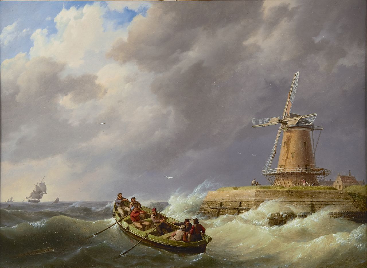 Koekkoek J.H.  | Johannes Hermanus Koekkoek, A rowing boat in a storm near a harbour, Öl auf Holz 37,3 x 50,5 cm, signed l.l. und dated 1844
