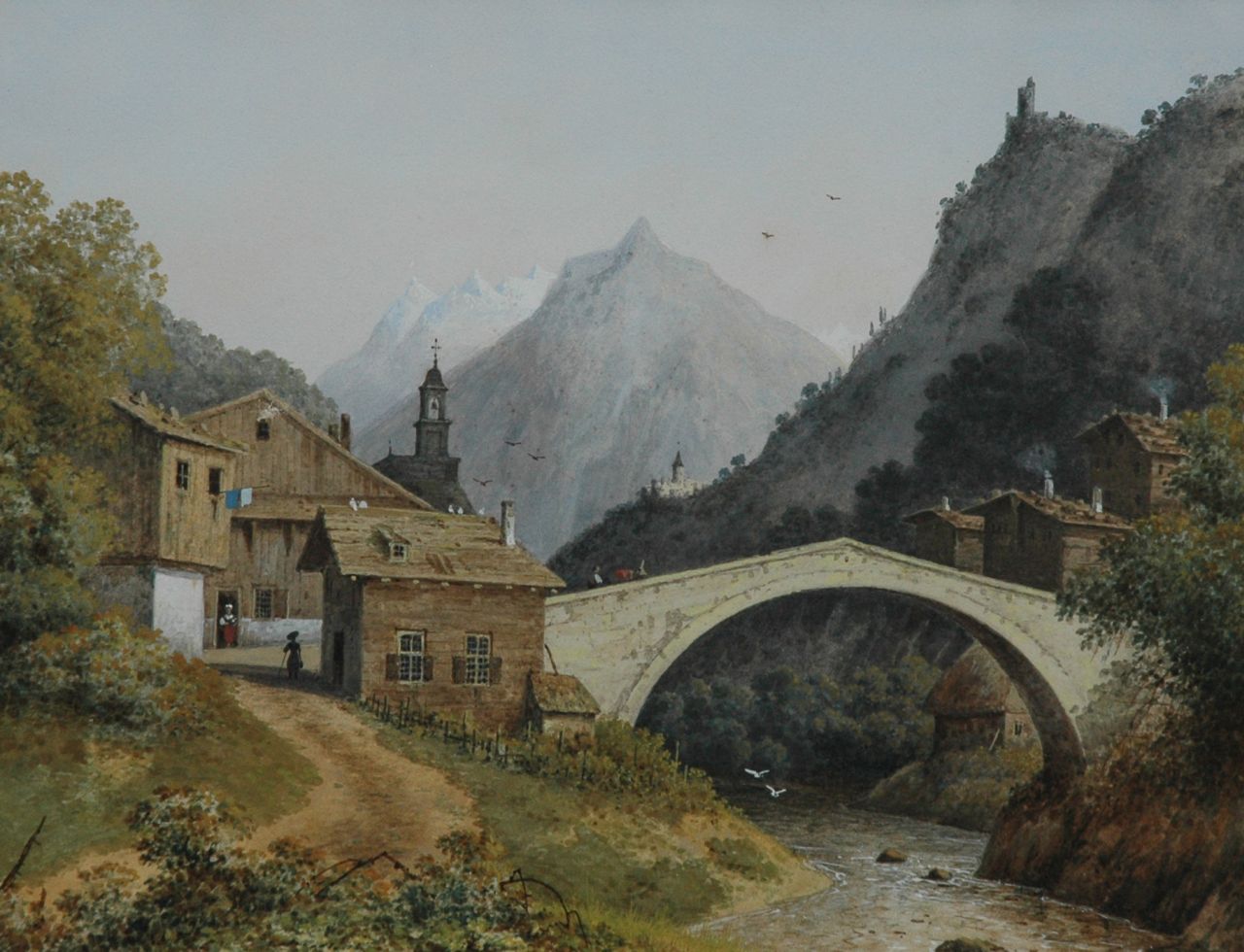 Knip J.A.  | Josephus Augustus Knip, A view of a bridge near the Monte Cervino, Switzerland, Aquarell und Gouache auf Papier 22,1 x 29,1 cm, gedateerd op loden beschermblad Junij 1842