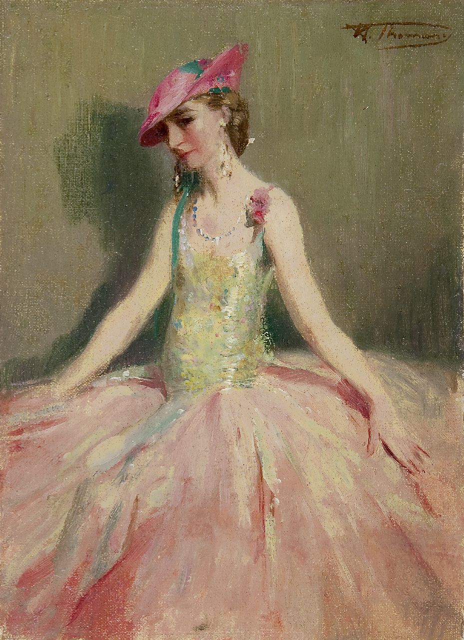 Thomas H.J.  | Henri Joseph Thomas, A lady in pink dress, Öl auf Holz 24,3 x 17,8 cm, signed u.l.