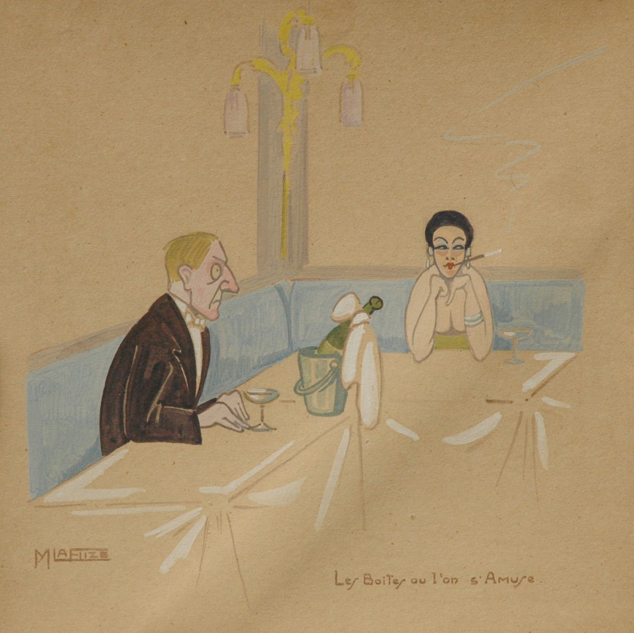Flize M. la | Maurice la Flize, The nightclub, Aquarell auf Papier auf Pappe 23,2 x 23,4 cm, signed l.l.