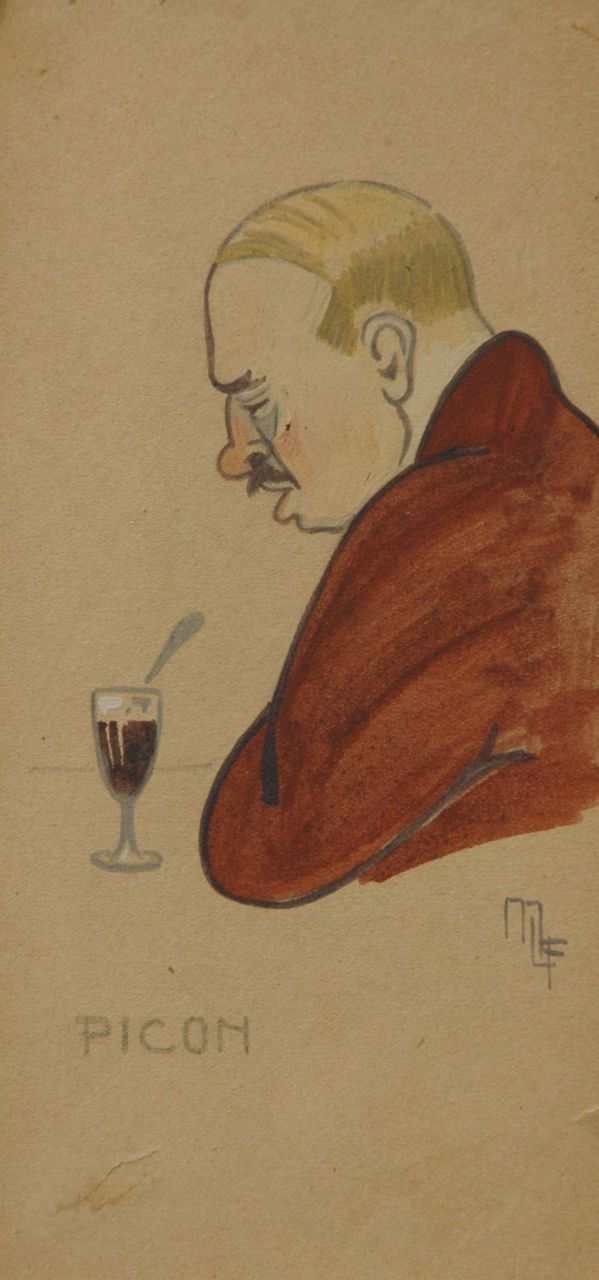 Flize M. la | Maurice la Flize, The glass of picon, Aquarell auf Pappe 20,1 x 9,7 cm, signed l.r. with monogram