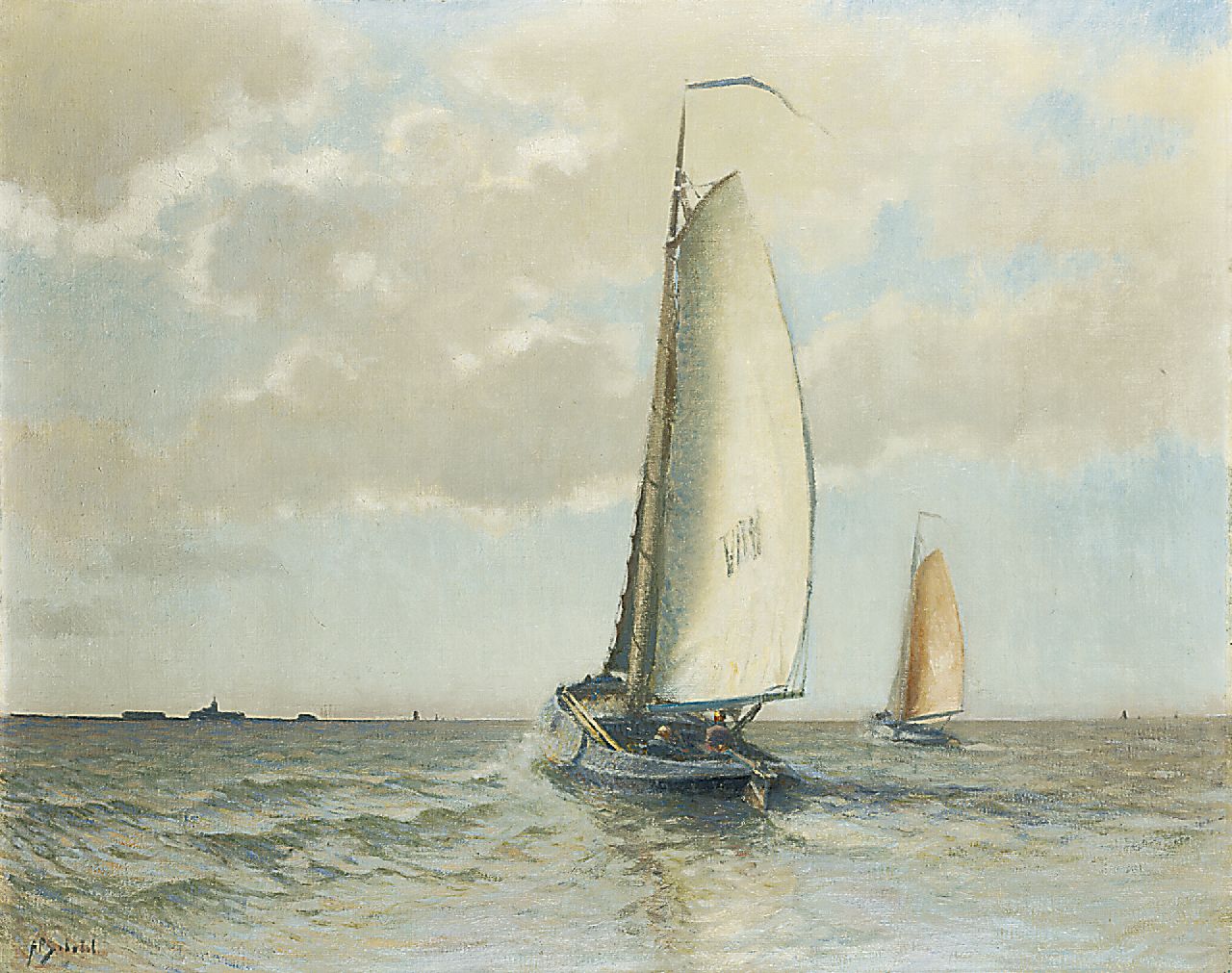 Schotel A.P.  | Anthonie Pieter Schotel, A Volendam barge on the Zuiderzee near Marken, Öl auf Leinwand 80,3 x 100,5 cm, signed l.l.