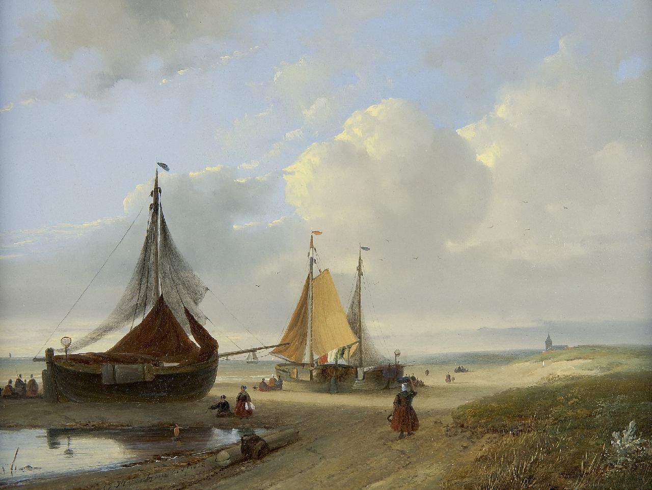 Hoppenbrouwers J.F.  | Johannes Franciscus Hoppenbrouwers, Fishing boats on the beach, Öl auf Holz 28,4 x 37,4 cm, signed l.l. und dated 1853