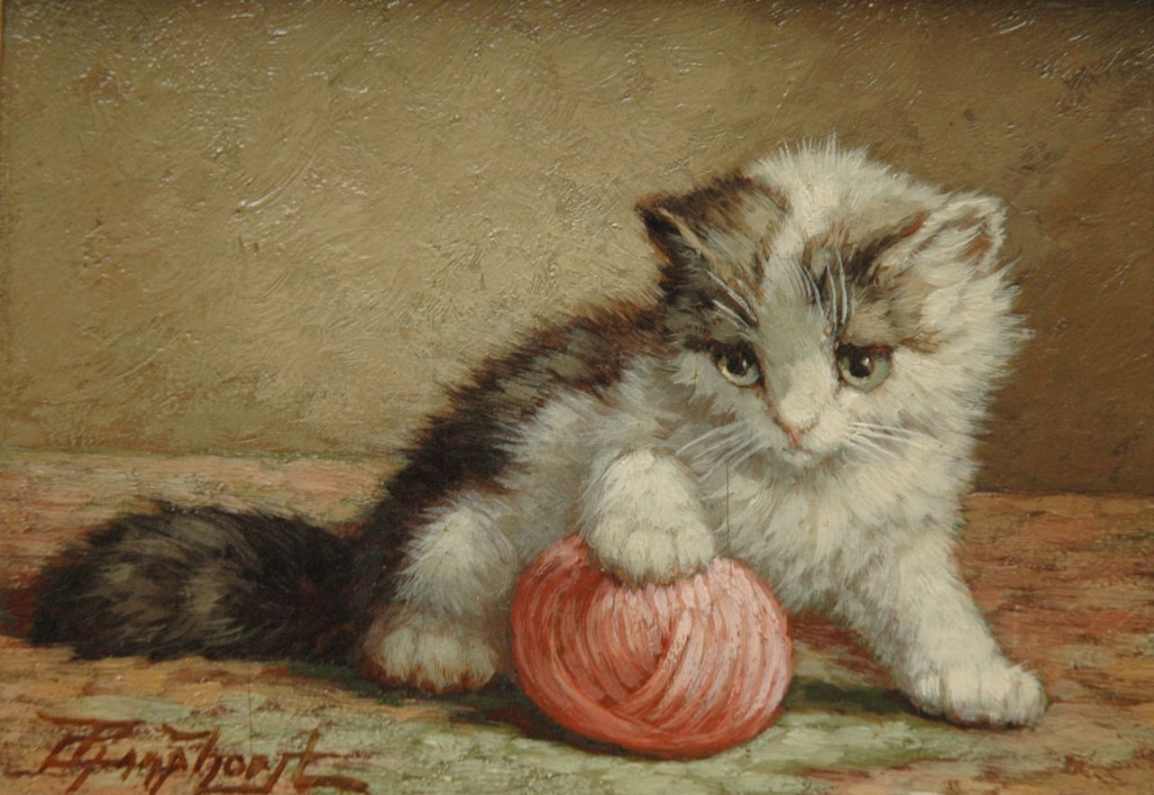 Raaphorst C.  | Cornelis Raaphorst, Kitten with ball of wool, Öl auf Holz 13,5 x 18,4 cm, signed l.l.