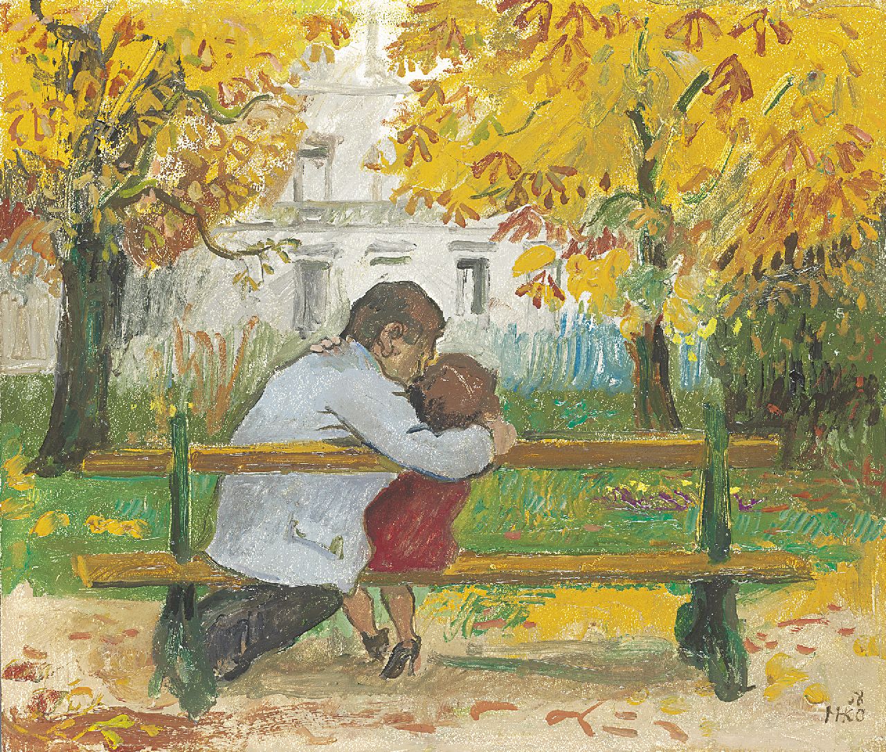 Kamerlingh Onnes H.H.  | 'Harm' Henrick Kamerlingh Onnes, Kissing couple in the park, Öl auf Holzfaser 34,0 x 39,9 cm, signed l.r. with monogram und dated '58
