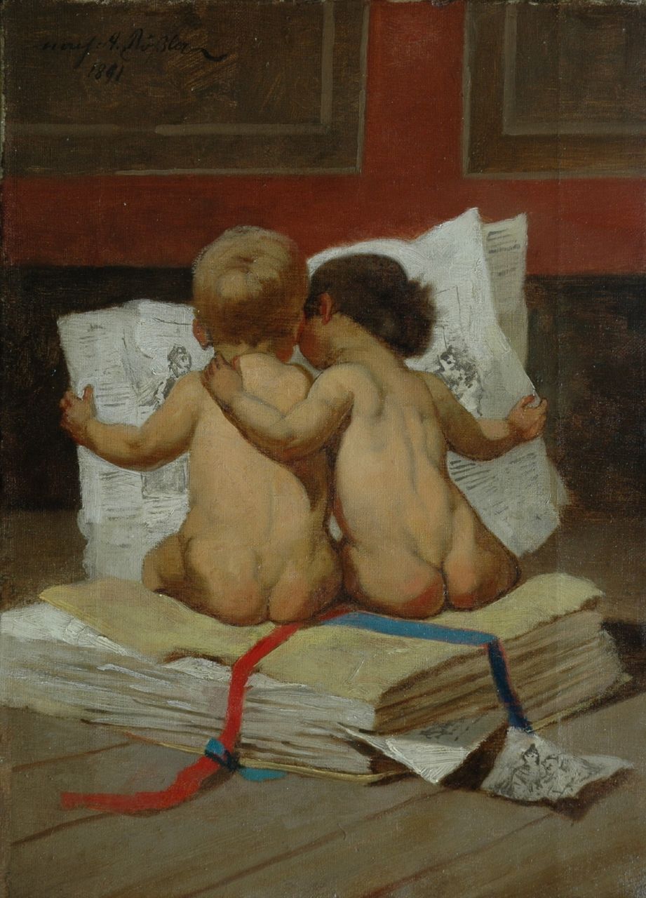 Rössler (mogelijk August Rössler) | Reading the newspaper, Öl auf Leinwand, 34,7 x 25,3 cm, signed u.l. und dated 1891