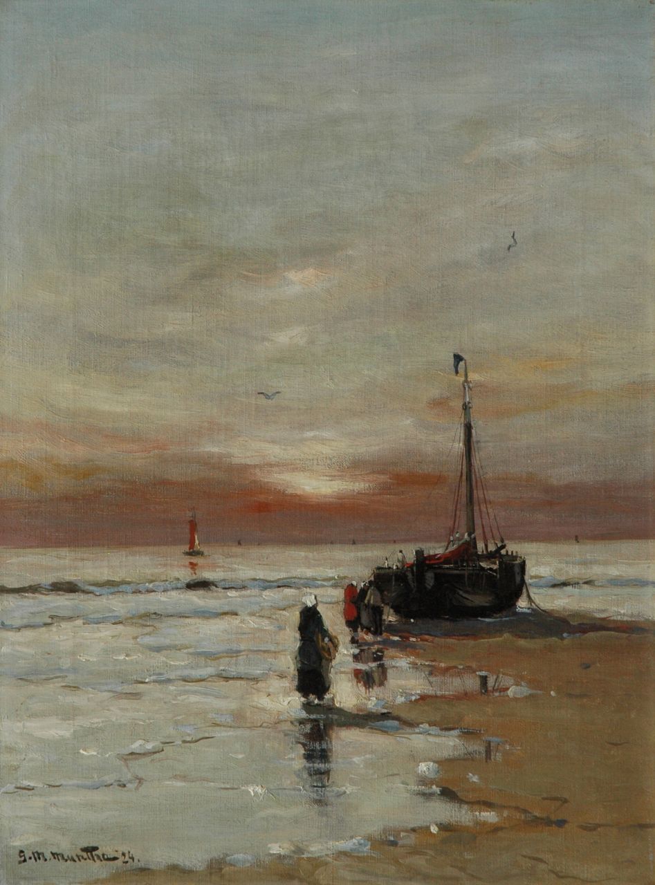 Munthe G.A.L.  | Gerhard Arij Ludwig 'Morgenstjerne' Munthe, Fisher women on the beach at sunset, Öl auf Leinwand 40,3 x 30,4 cm, signed l.l. und dated '24