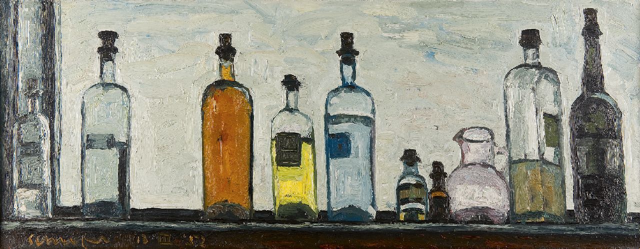 Willem Schrofer | Still life with bottles, Öl auf Leinwand, 36,8 x 95,1 cm, signed l.l. und executed on 13-III-'52