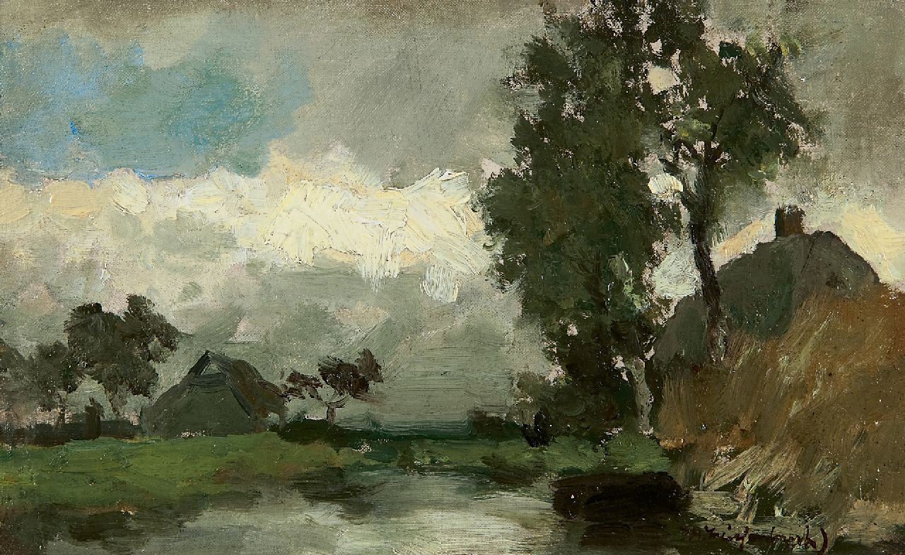 Weissenbruch H.J.  | Hendrik Johannes 'J.H.' Weissenbruch, A polder landscape between showers, Öl auf Leinwand auf Holz 15,8 x 25,2 cm, signed l.r.