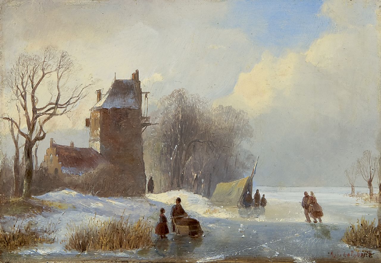 Spohler J.J.  | Jan Jacob Spohler, A winter landscape with skaters, Öl auf Holz 16,8 x 23,8 cm