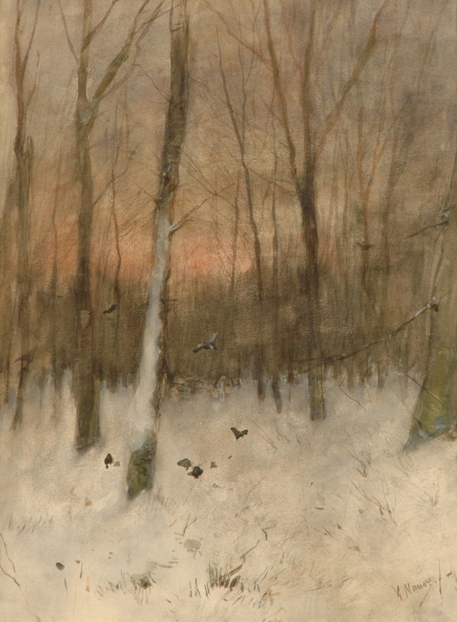 Mauve A.  | Anthonij 'Anton' Mauve, A snowy forest at sunset, Aquarell auf Papier 48,0 x 35,0 cm, signed l.r.