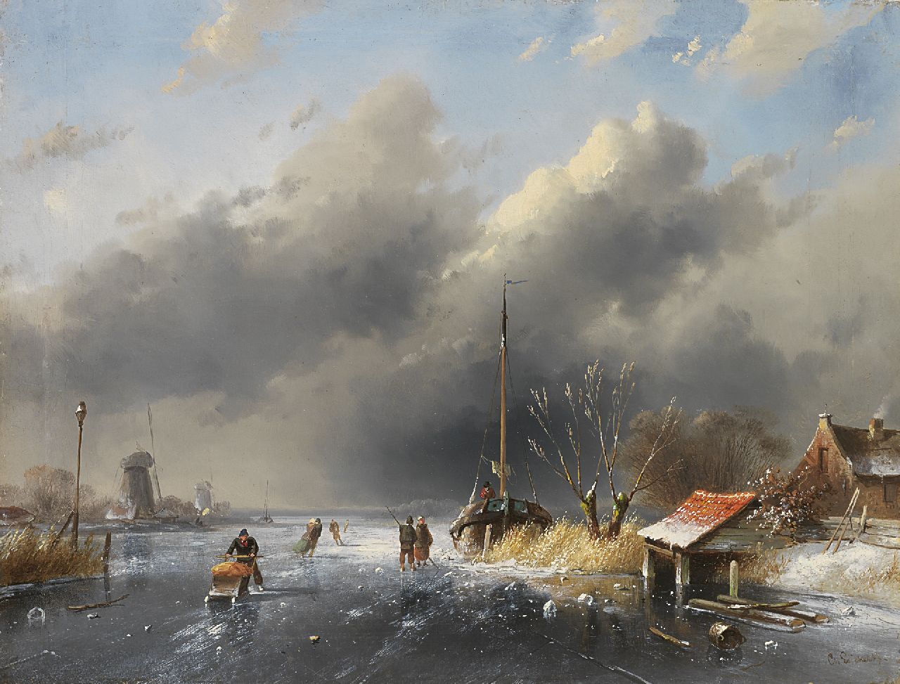 Leickert C.H.J.  | 'Charles' Henri Joseph Leickert, Skaters on a frozen river, Öl auf Holz 26,8 x 35,5 cm, signed l.r.