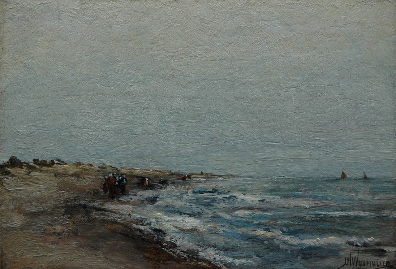 Wijsmuller J.H.  | Jan Hillebrand Wijsmuller, Fisher folk on a beach, Öl auf Leinwand auf Holz 18,2 x 26,3 cm, signed l.r.