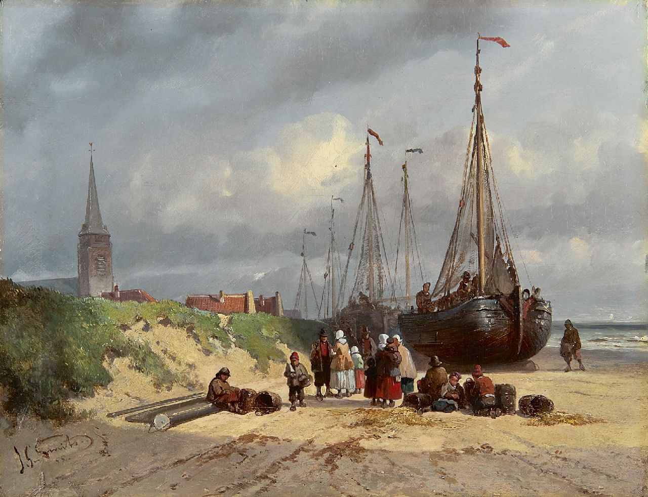 Smits J.G.  | Jan Gerard Smits, Sailing vessels and fishermen on the beach of Scheveningen, Öl auf Holz 22,4 x 29,4 cm, signed l.l. und dated '55