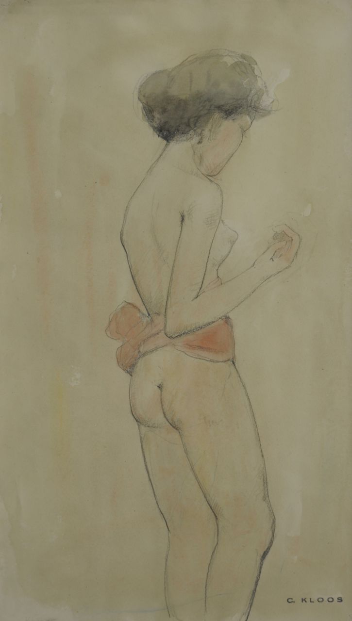 Kloos C.  | Cornelis Kloos, Nacktes Mädchen mit Gürteltuch, Bleistift und Aquarell auf Papier 30,7 x 17,9 cm, Unterzeichnet r.u. mit Stempel und zu datieren um 16-2-1942