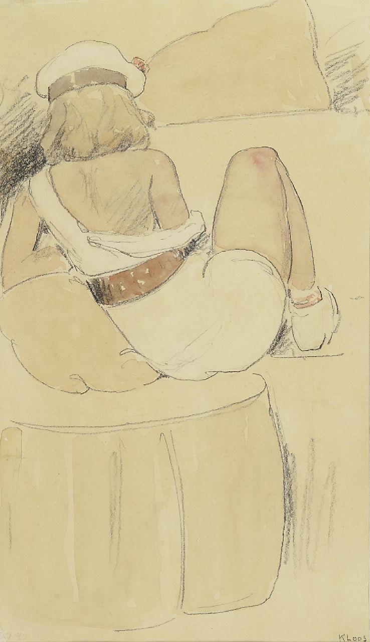 Kloos C.  | Cornelis Kloos, Sitzende junge Frau in weissem Kleid und einem Barett, Bleistift und Aquarell auf Papier 31,1 x 17,9 cm, Unterzeichnet r.u.