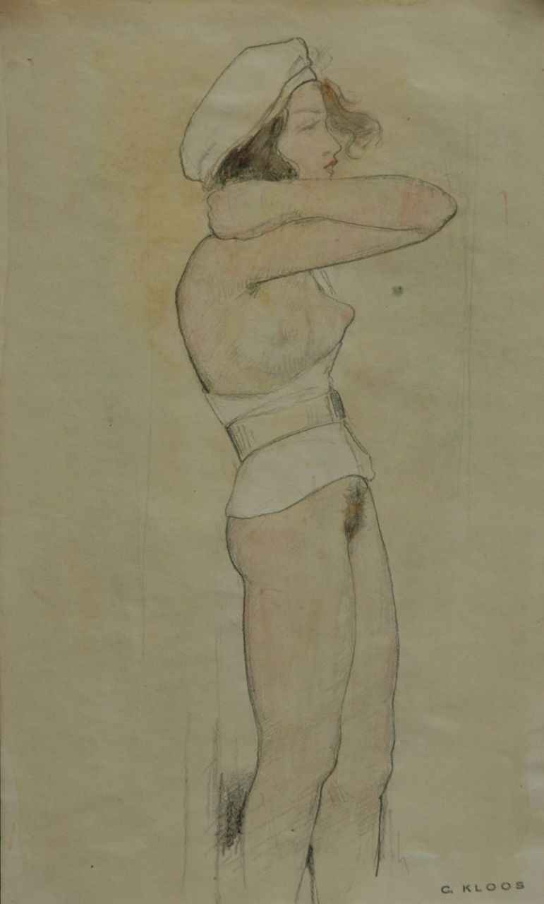 Kloos C.  | Cornelis Kloos, Weiblicher Akt mit weissem Leibchen und weissem Barett, Bleistift und Aquarell auf Papier 30,3 x 18,0 cm, Unterzeichnet r.u. mit Stempel und zu datieren 12-2-1942