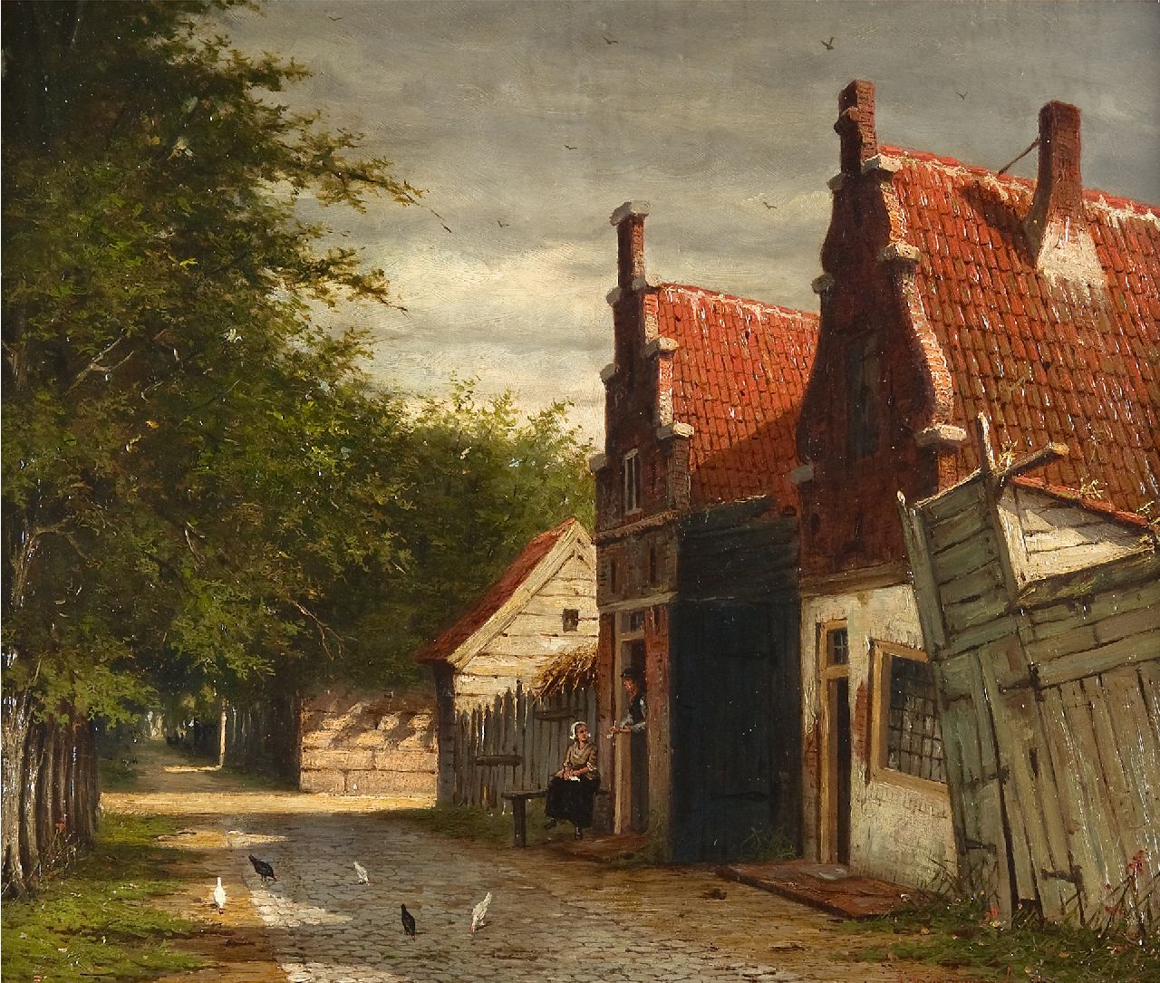 Johannes Jacobus Mittertreiner | Dorfstrasse mit Figuren in einer Türöffnung, Öl auf Malereifaser, 35,2 x 43,0 cm, Unterzeichnet r.u.