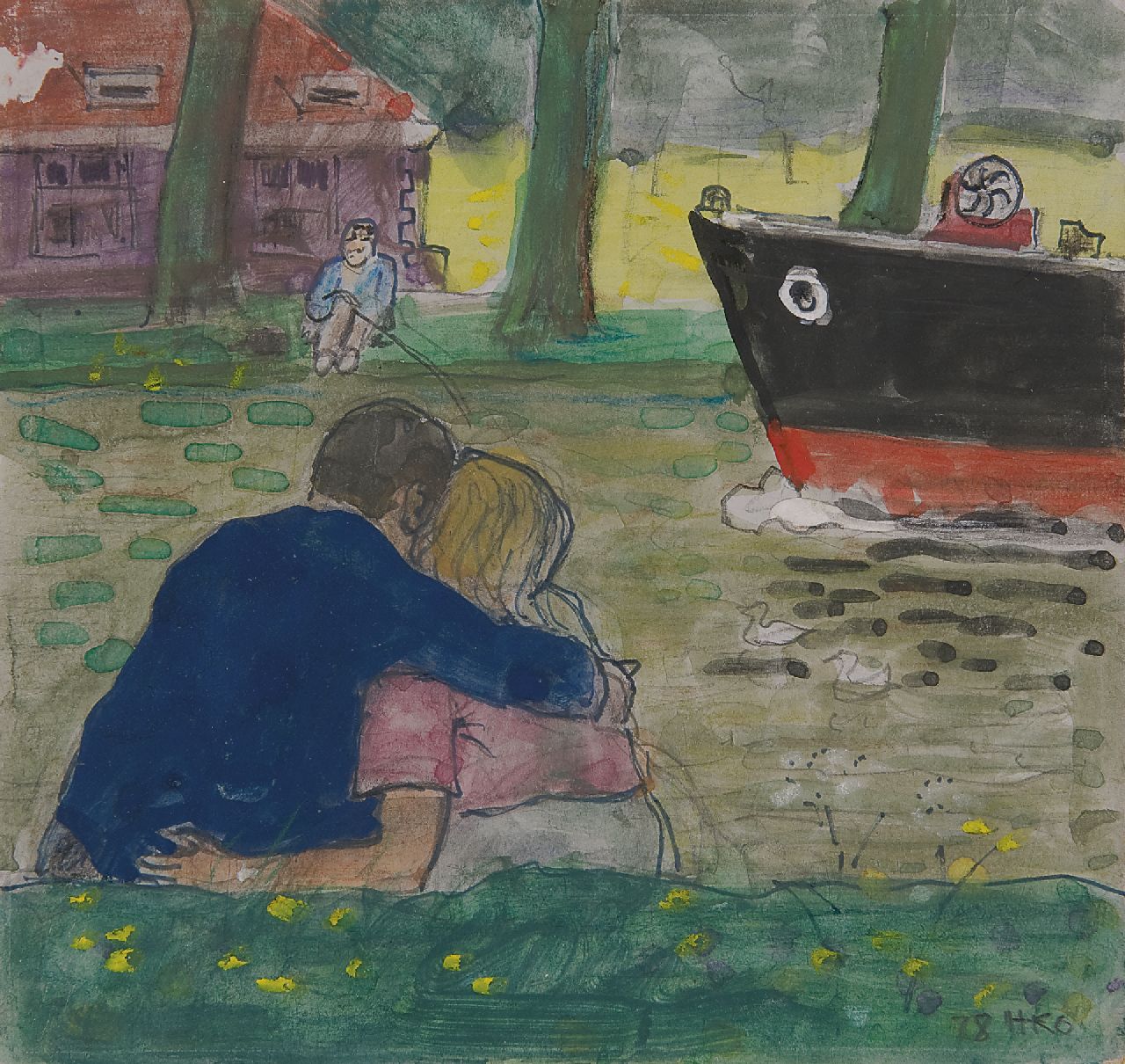 Kamerlingh Onnes H.H.  | 'Harm' Henrick Kamerlingh Onnes, A couple sitting on the banks of the Vliet in Delft, Feder und  Aquarell auf Papier 15,0 x 15,8 cm, signed l.r. with monogram und dated '78