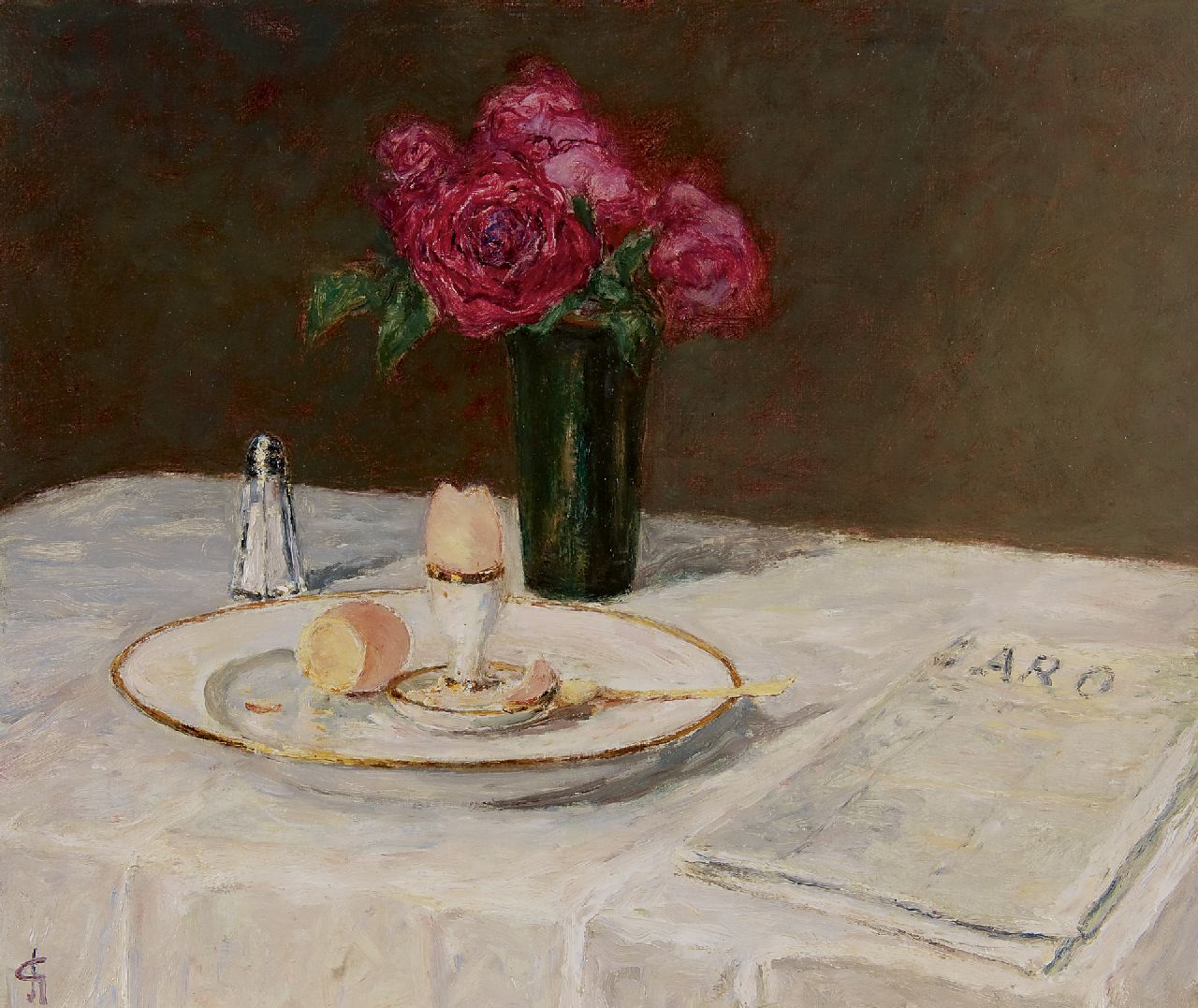 Storm van 's-Gravesande C.N.  | Carel Nicolaas Storm van 's-Gravesande, A still life of the painter's breakfast table, Paris, Öl auf Leinwand  auf Holzfaser 46,0 x 55,1 cm, signed l.l. with monogram and in full on the reverse und dated on the reverse 1908
