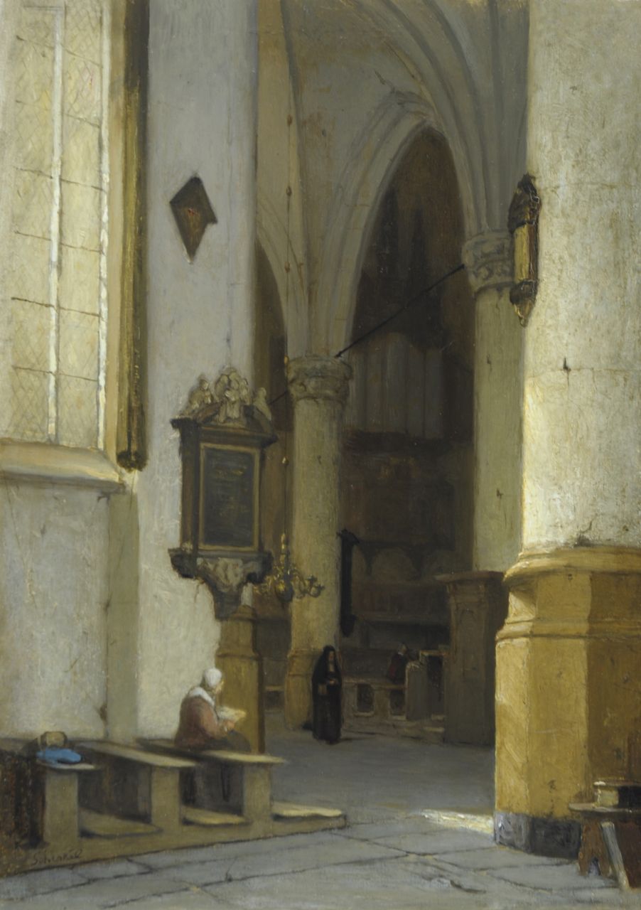 Schenkel J.J.  | Jan Jacob Schenkel, Holländischer Kirchenraum, Öl auf Holz 39,5 x 28,6 cm, Unterzeichnet l.u.
