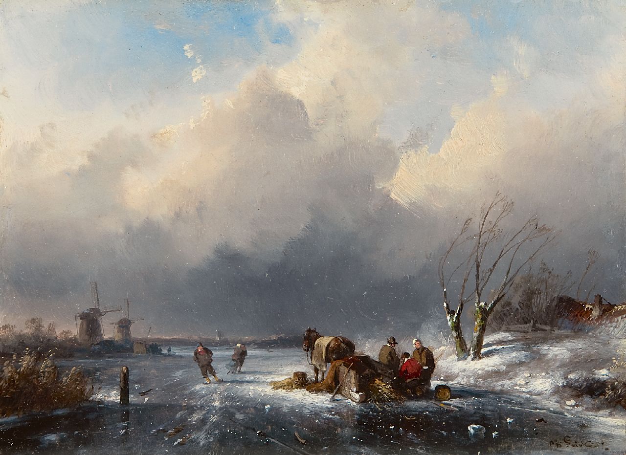 Leickert C.H.J.  | 'Charles' Henri Joseph Leickert, Land folk by a sledge on a frozen river, Öl auf Holz 15,2 x 20,7 cm, signed l.r.