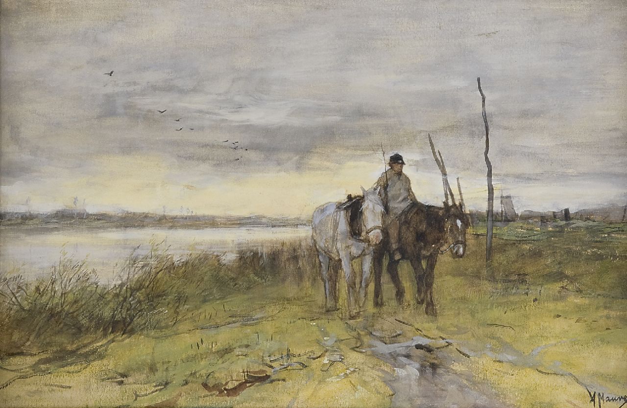Mauve A.  | Anthonij 'Anton' Mauve, Horses along a towpath, Aquarell auf Papier 27,0 x 42,1 cm, signed l.r. und painted in the 1870's