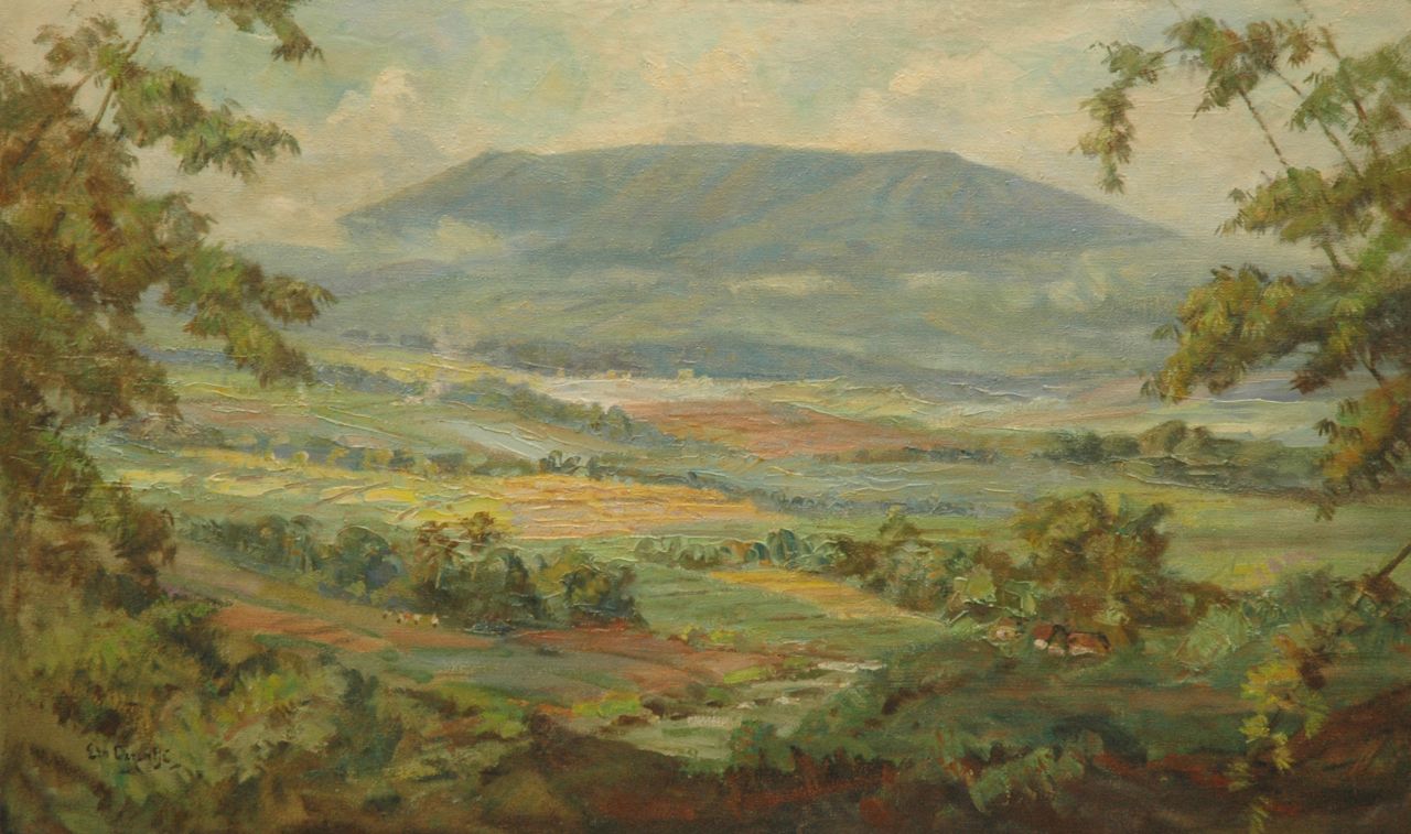 Dezentjé E.  | Ernest Dezentjé, Landscape on Java, Öl auf Leinwand auf Holz 61,3 x 102,0 cm, signed l.l.