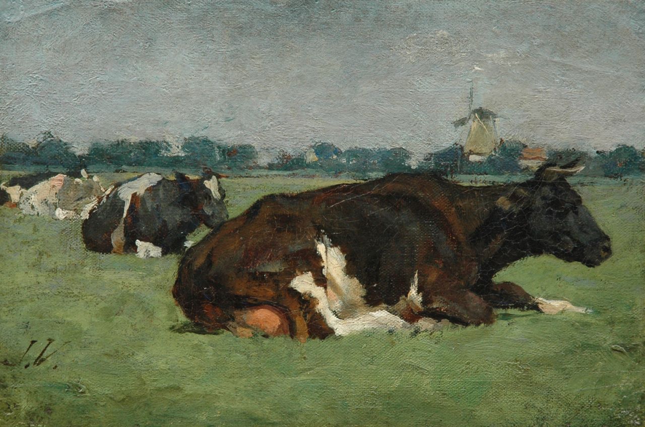 Voerman sr. J.  | Jan Voerman sr., Cows in a meadow, Öl auf Leinwand auf Holz 18,9 x 28,1 cm, signed l.l. with initials