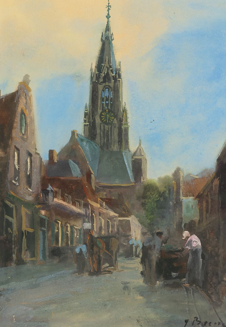 J. Beertz | Stadtansicht mit der Nieuwe Kerk zu Delft, Aquarell auf Papier, 38,3 x 26,6 cm, Unterzeichnet r.u.