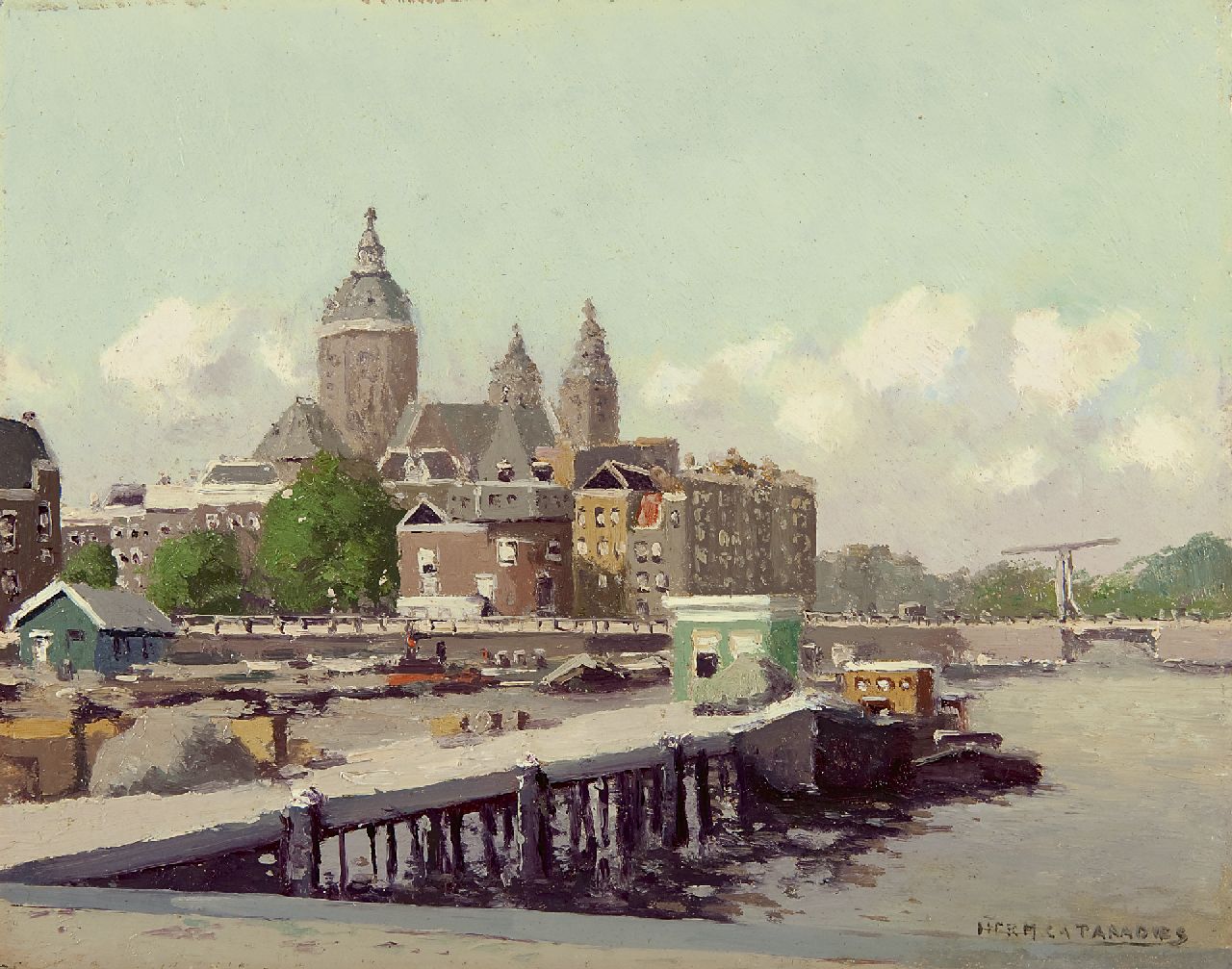 Paradies H.C.A.  | Herman Cornelis Adolf Paradies, Das Oosterdok in Amsterdam mit dem Schreiersturm und der St. Nicolaaskirche, Öl auf Malereifaser 23,6 x 29,7 cm, Unterzeichnet r.u.