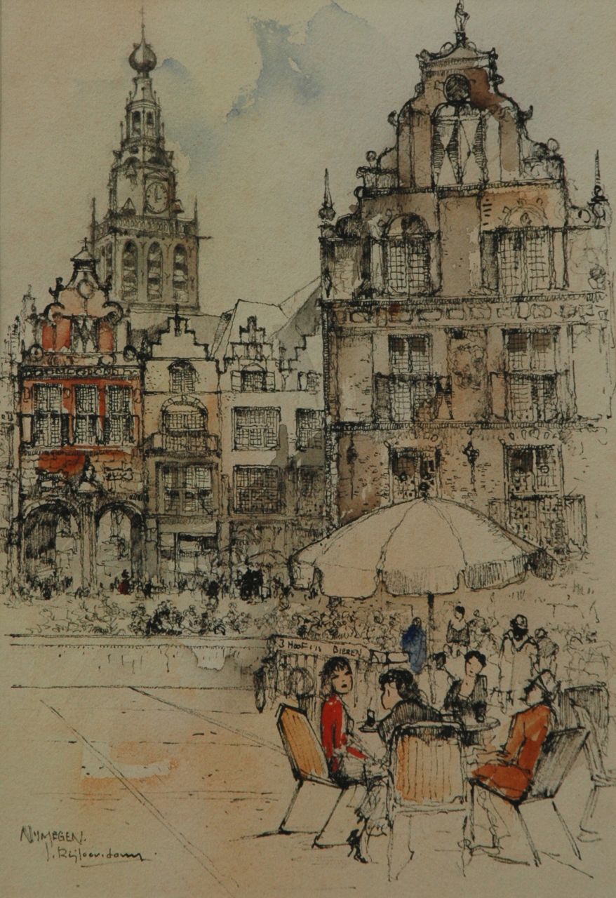 Rijlaarsdam J.  | Jan Rijlaarsdam, Terrasse auf dem Grote Markt, Groningen, Feder und Tinte und Aquarell auf Papier 25,2 x 17,7 cm, Unterzeichnet l.u.