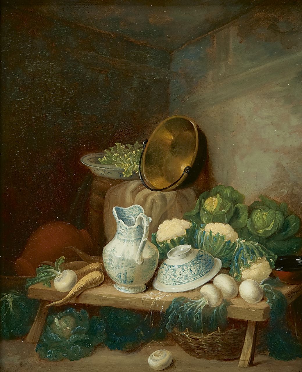 Smith S.  | Samuel Smith, A kitchen still life, Öl auf Malereifaser 21,7 x 17,9 cm, signed l.r. on the edge of table