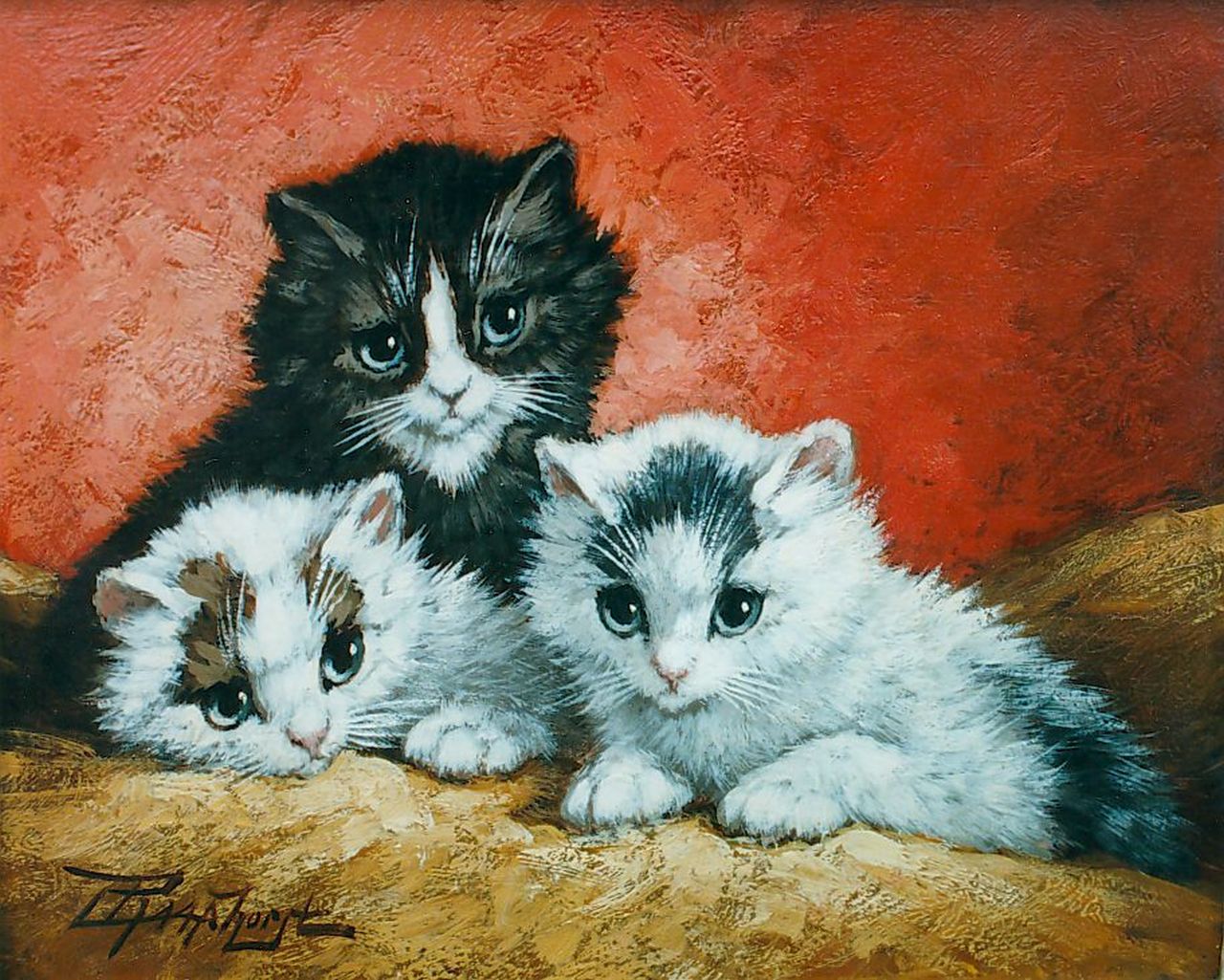 Raaphorst C.  | Cornelis Raaphorst, Three kittens, 14,9 x 18,2 cm, signed l.l.