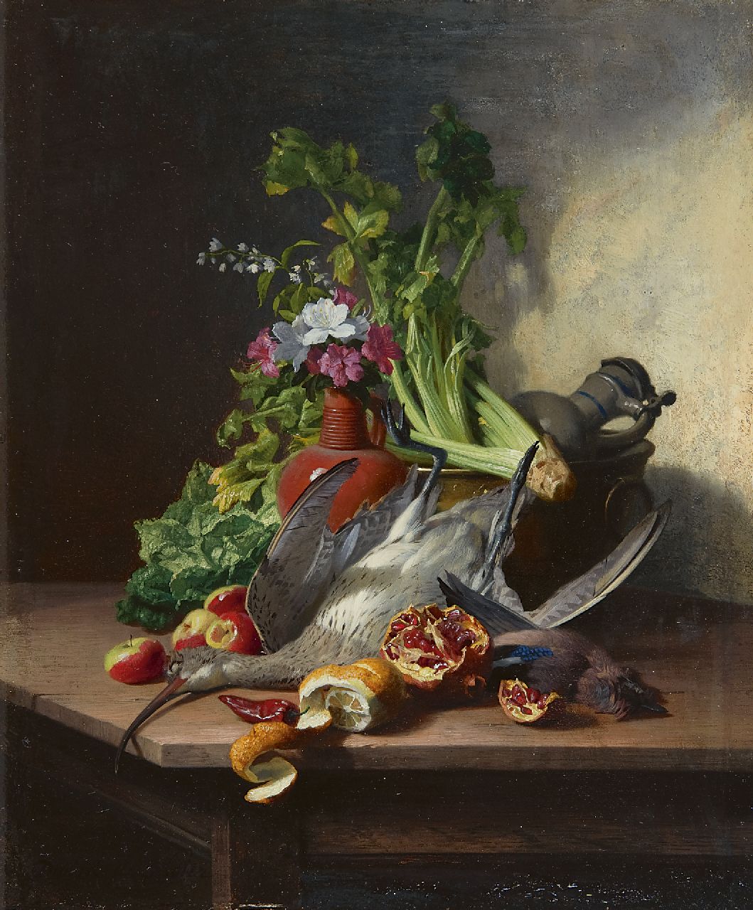 Noter D.E.J. de | 'David' Emile Joseph de Noter, A still life with a woodcock, a jay, vegetables, fruit, flowers and earthenware jugs, Öl auf Holz 32,3 x 27,2 cm, signed l.l.