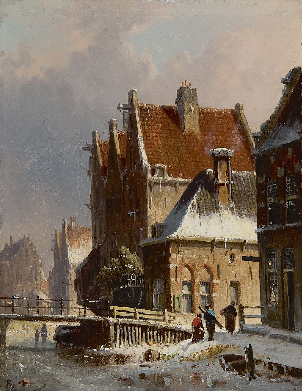 Eversen A.  | Adrianus Eversen, A snow covered canal in a Dutch town, Öl auf Holz 19,1 x 14,7 cm, signed l.l. with monogram