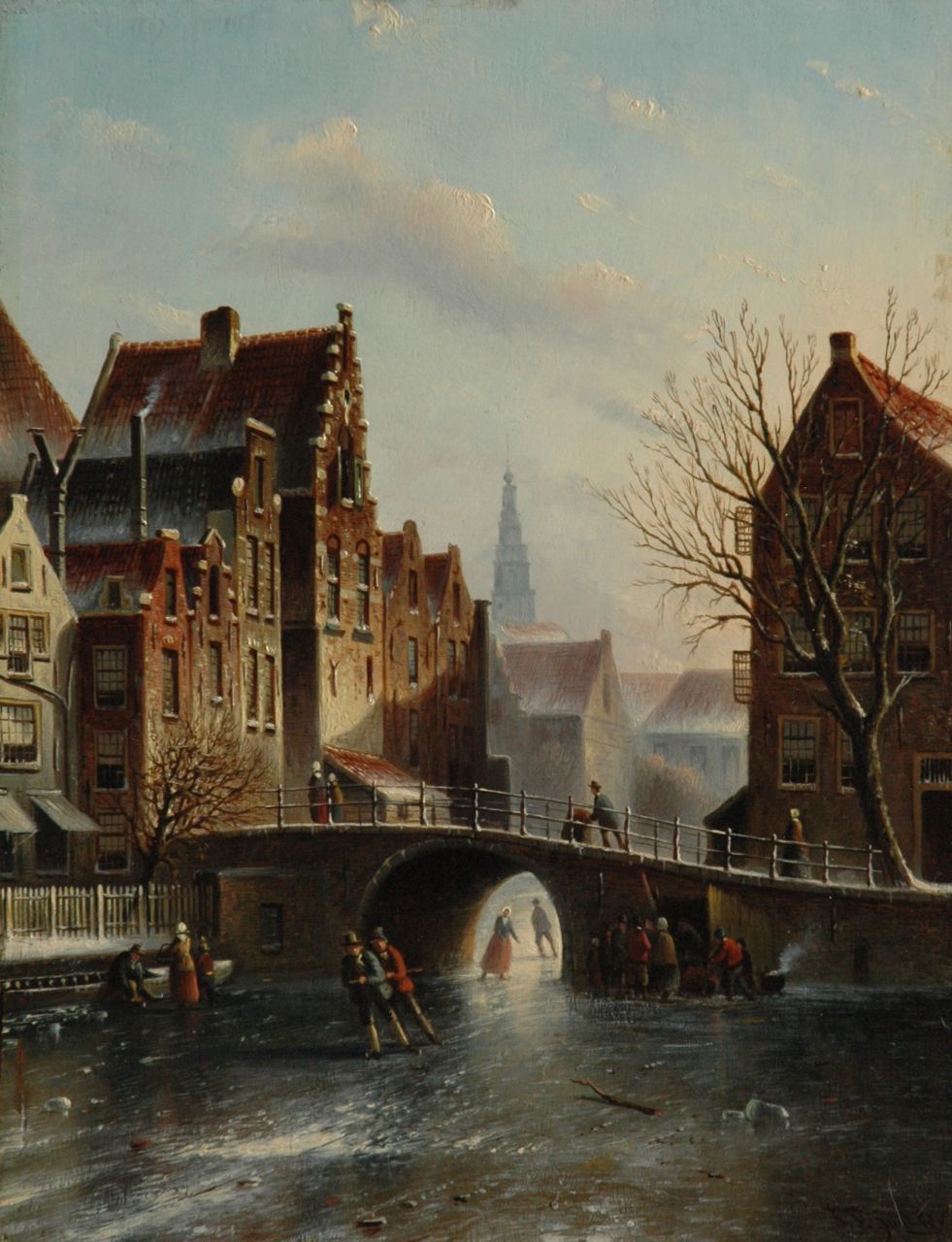 Spohler J.F.  | Johannes Franciscus Spohler, Stadtansicht im Winter mit dem Turm der Zuiderkerk, Öl auf Holz 39,1 x 30,3 cm, Unterzeichnet r.u.