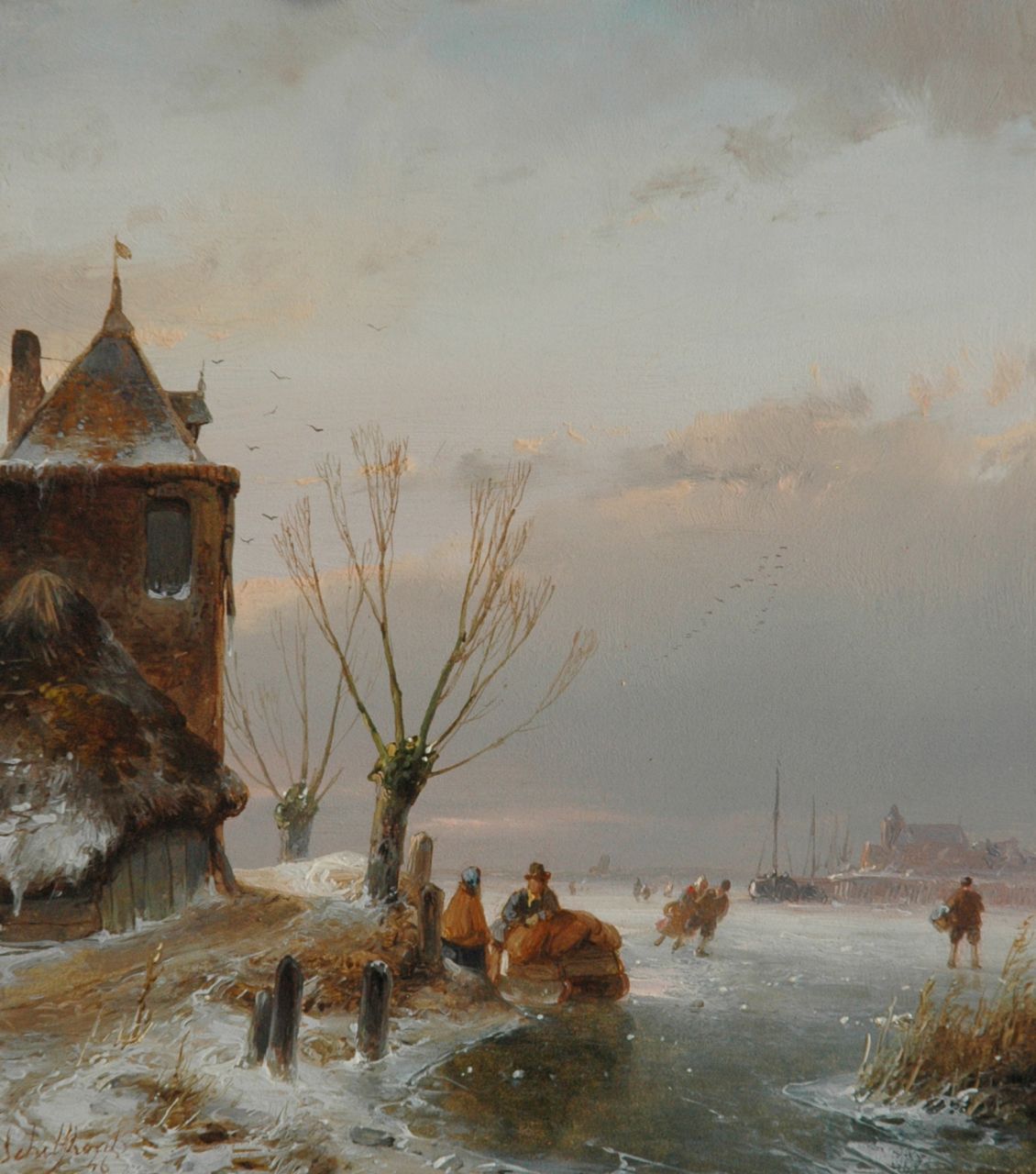 Schelfhout A.  | Andreas Schelfhout, Skaters near a fortified tower, Öl auf Tafel 18,6 x 16,6 cm, signed l.l. und dated '46
