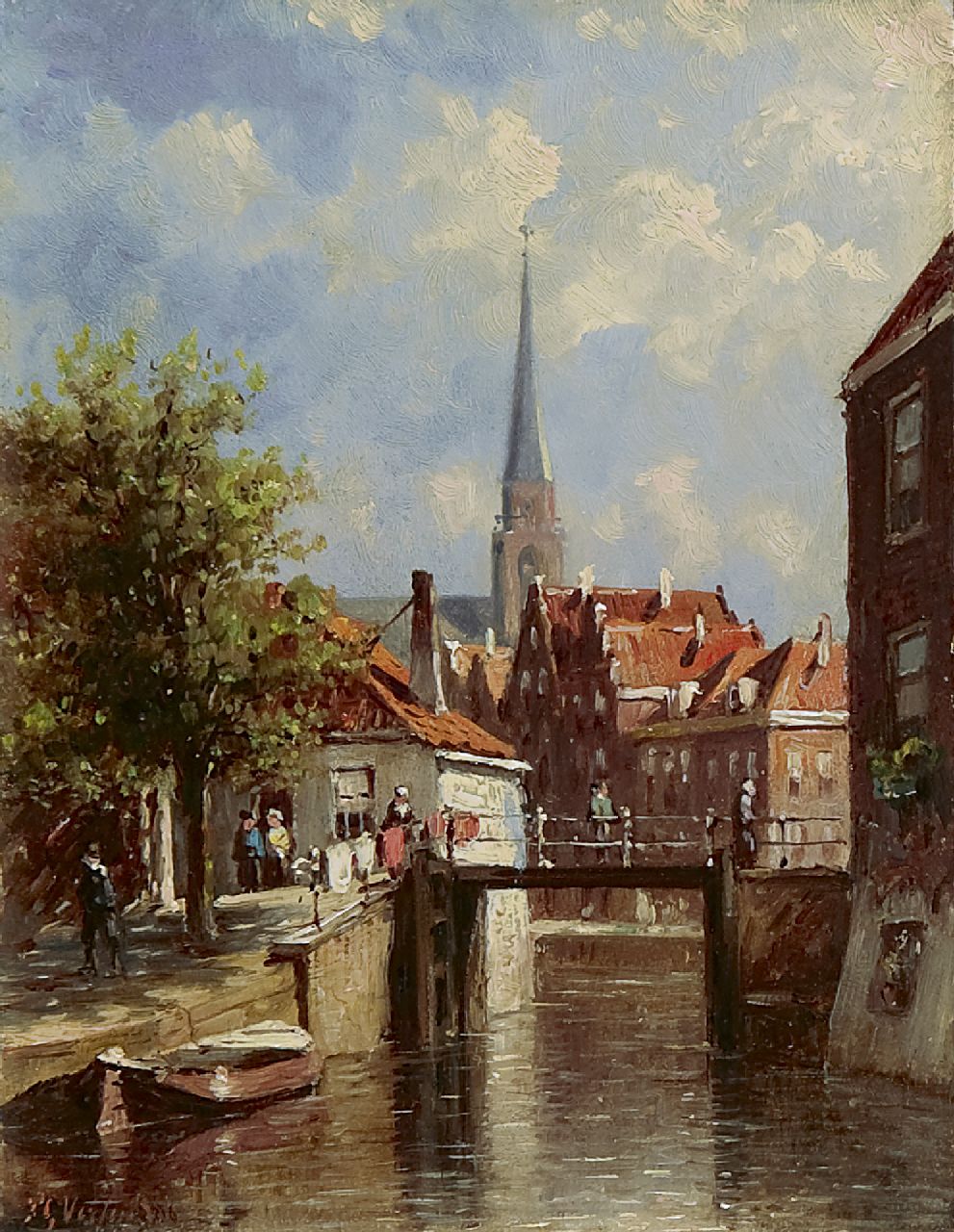 Vertin P.G.  | Petrus Gerardus Vertin, A view of the Romeijnbrug in Oudewater, Öl auf Holz 14,7 x 11,4 cm, signed l.l. und dated '86
