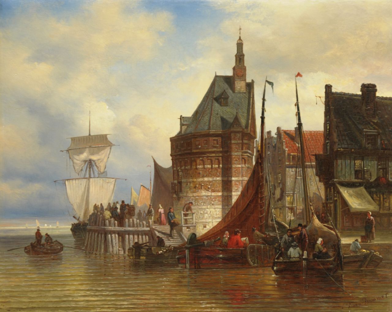 Bommel E.P. van | Elias Pieter van Bommel, Agelegte Segelschiffe bei dem Hoofdtoren von Hoorn, Öl auf Leinwand 42,5 x 53,0 cm, Unterzeichnet r.u. und Im Verso datiert Juni 1877